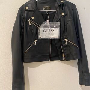 GUESS Women's Black Leather Jacket with Gold Accents